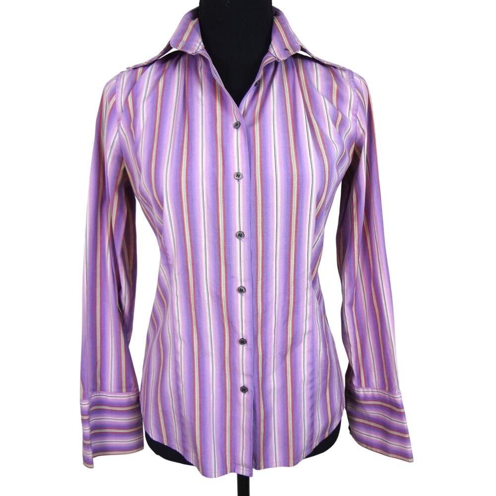 Vintage 90s Y2K Express Purple Pink Striped Button Down Top Womens 2 Work Cotton